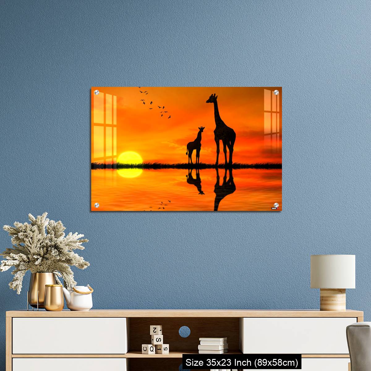 OMGs Acrylic Wall Decor – Silhouettes of two giraffes with reflection in lake water against African sunset - Image 10