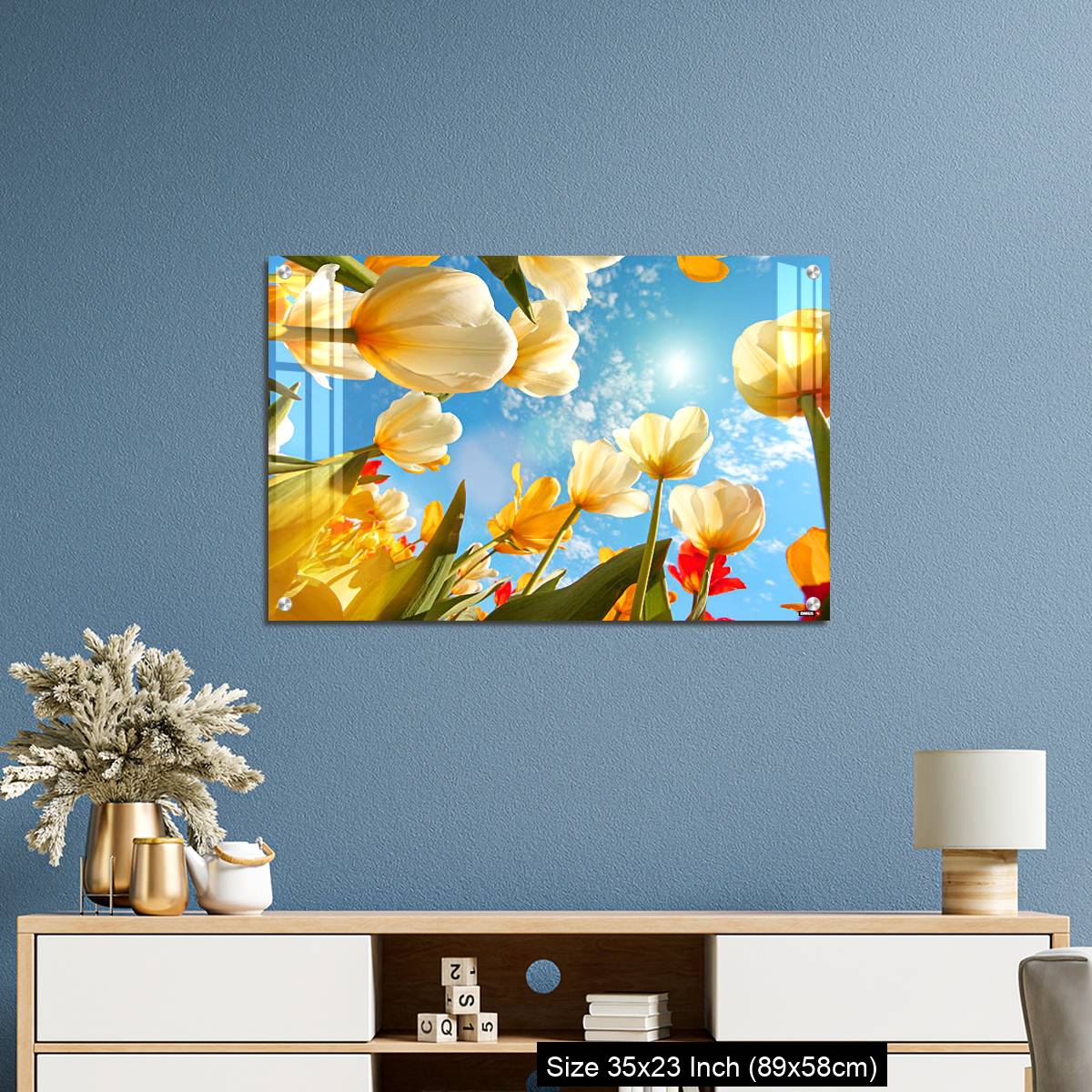 OMGs Acrylic Wall Decor – Summertime: sunny sky with colorful tulips flowers, looking up - Image 10