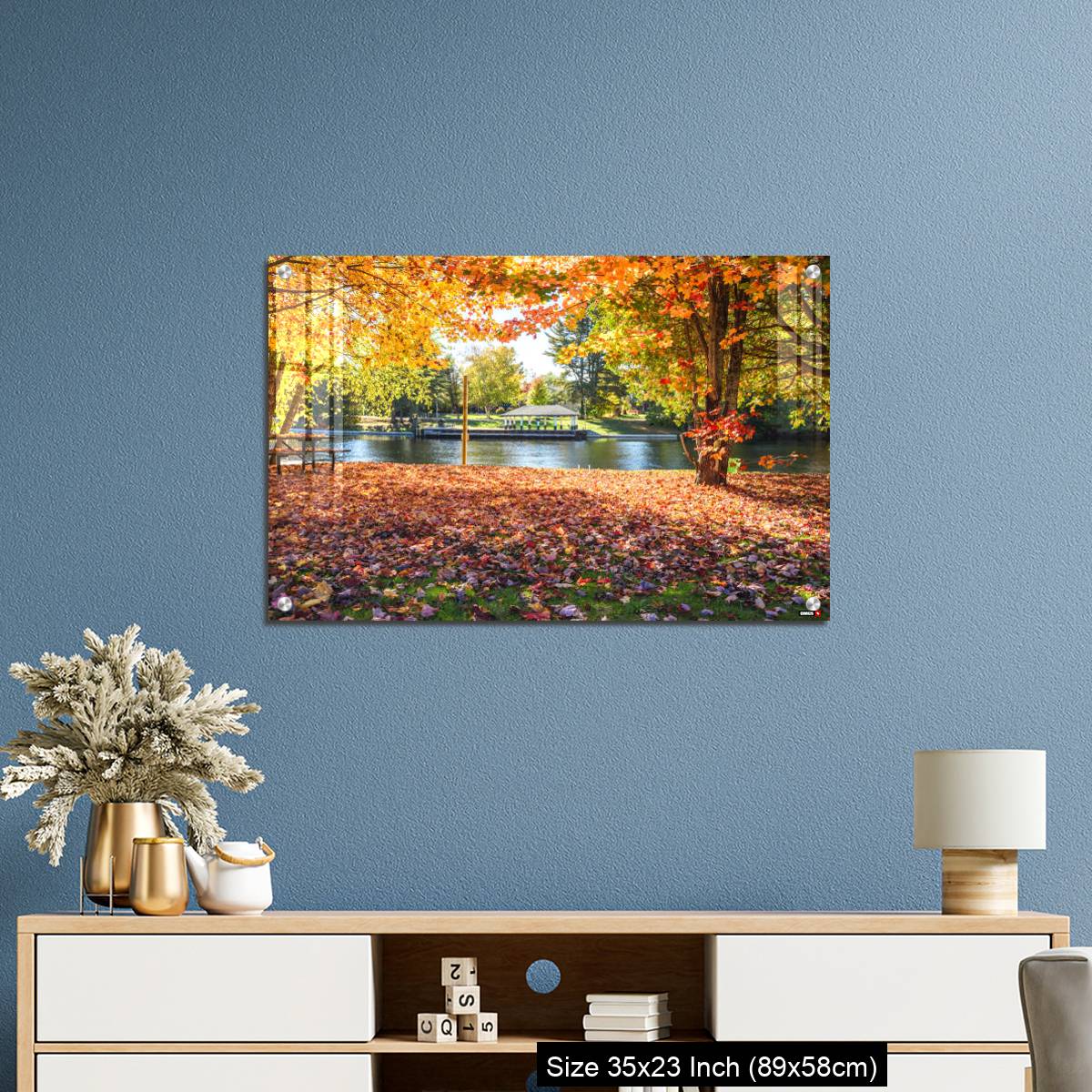 OMGs Acrylic Wall Decor – Deserted riverside park covered in fallen leaves on a sunny autumn day - Image 10