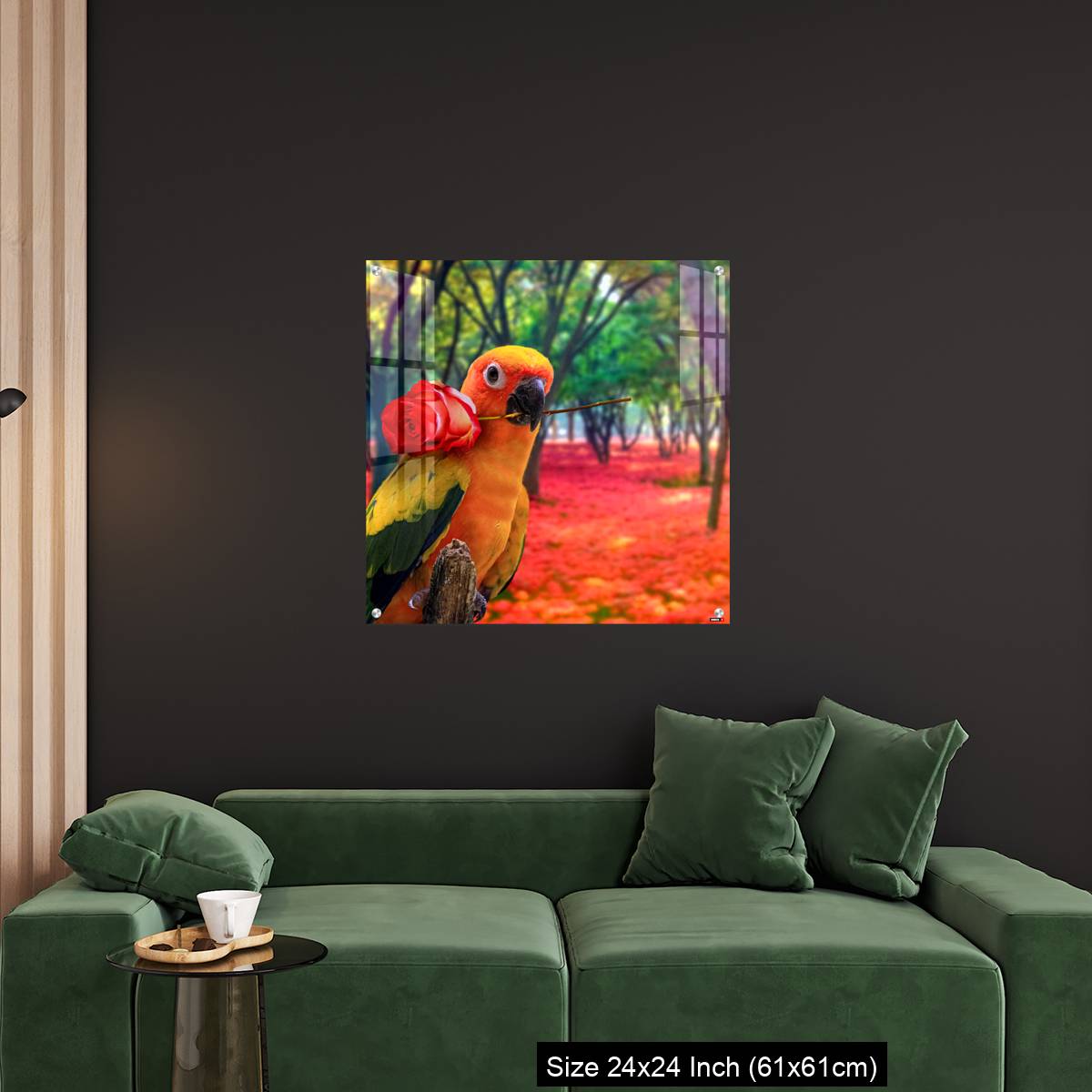 OMGs Acrylic Wall Decor – Cute Parrot Holding a Red Rose in a Colorful Forest - Image 11