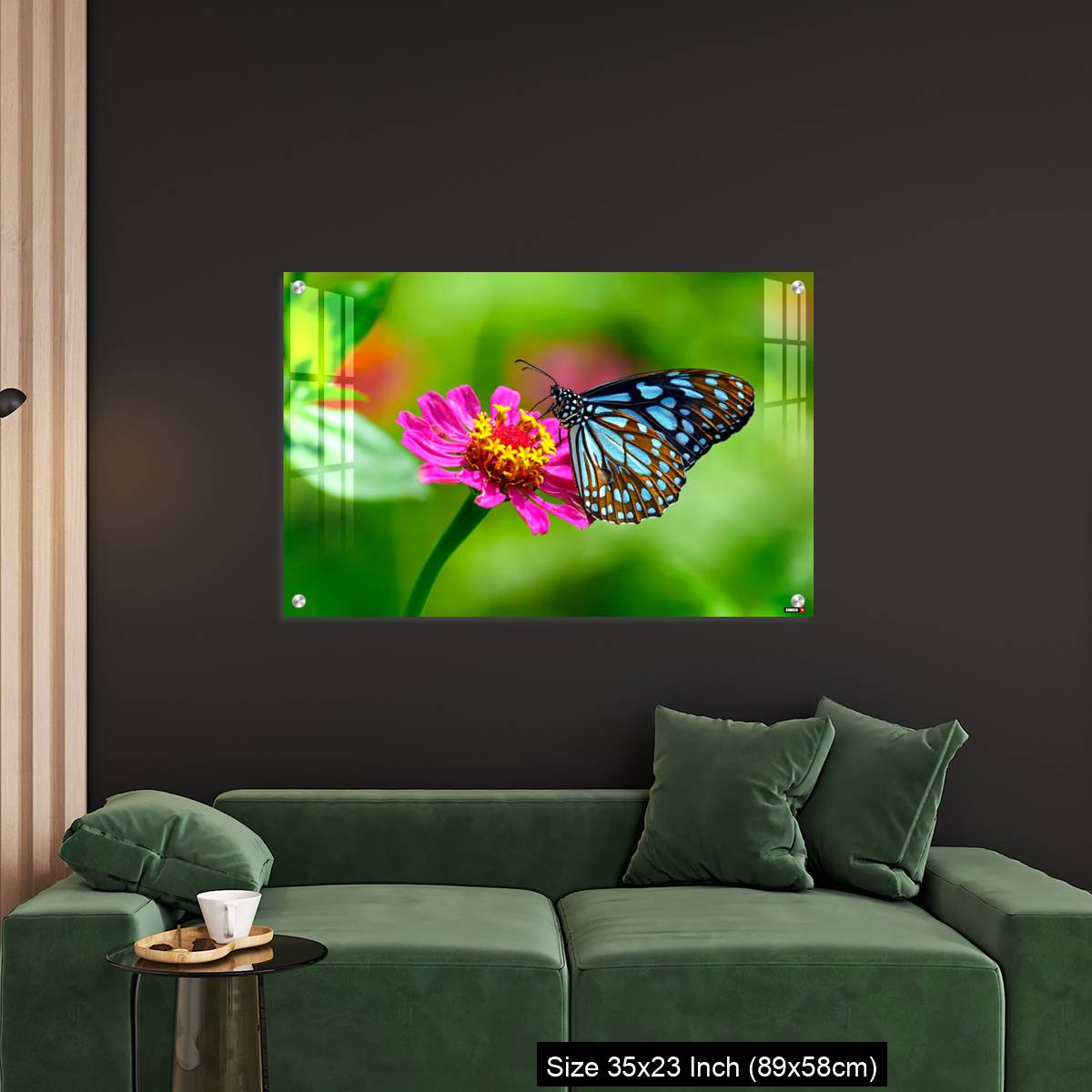 OMGs Acrylic Wall Decor – Blue tiger butterfly on a pink zinnia flower with green background - Image 11