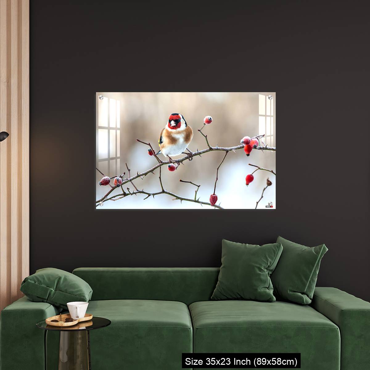 OMGs Acrylic Wall Decor – European Goldfinch with frozen red rose hips. - Image 11