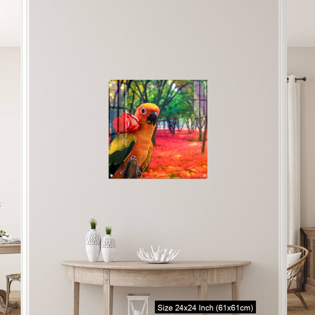 OMGs Acrylic Wall Decor – Cute Parrot Holding a Red Rose in a Colorful Forest - Image 12