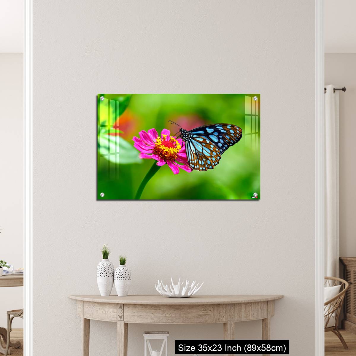 OMGs Acrylic Wall Decor – Blue tiger butterfly on a pink zinnia flower with green background - Image 12
