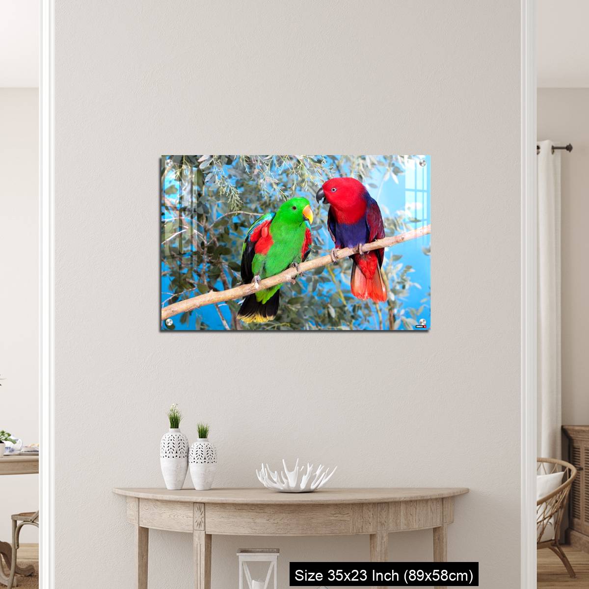 OMGs Acrylic Wall Decor – Eclectus Parrot, eclectus roratus, Pair standing on Branch, Male (green) and Female (Red) - Image 12