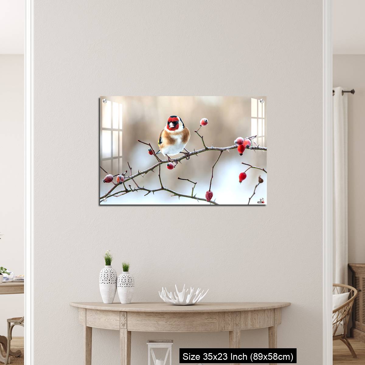 OMGs Acrylic Wall Decor – European Goldfinch with frozen red rose hips. - Image 12