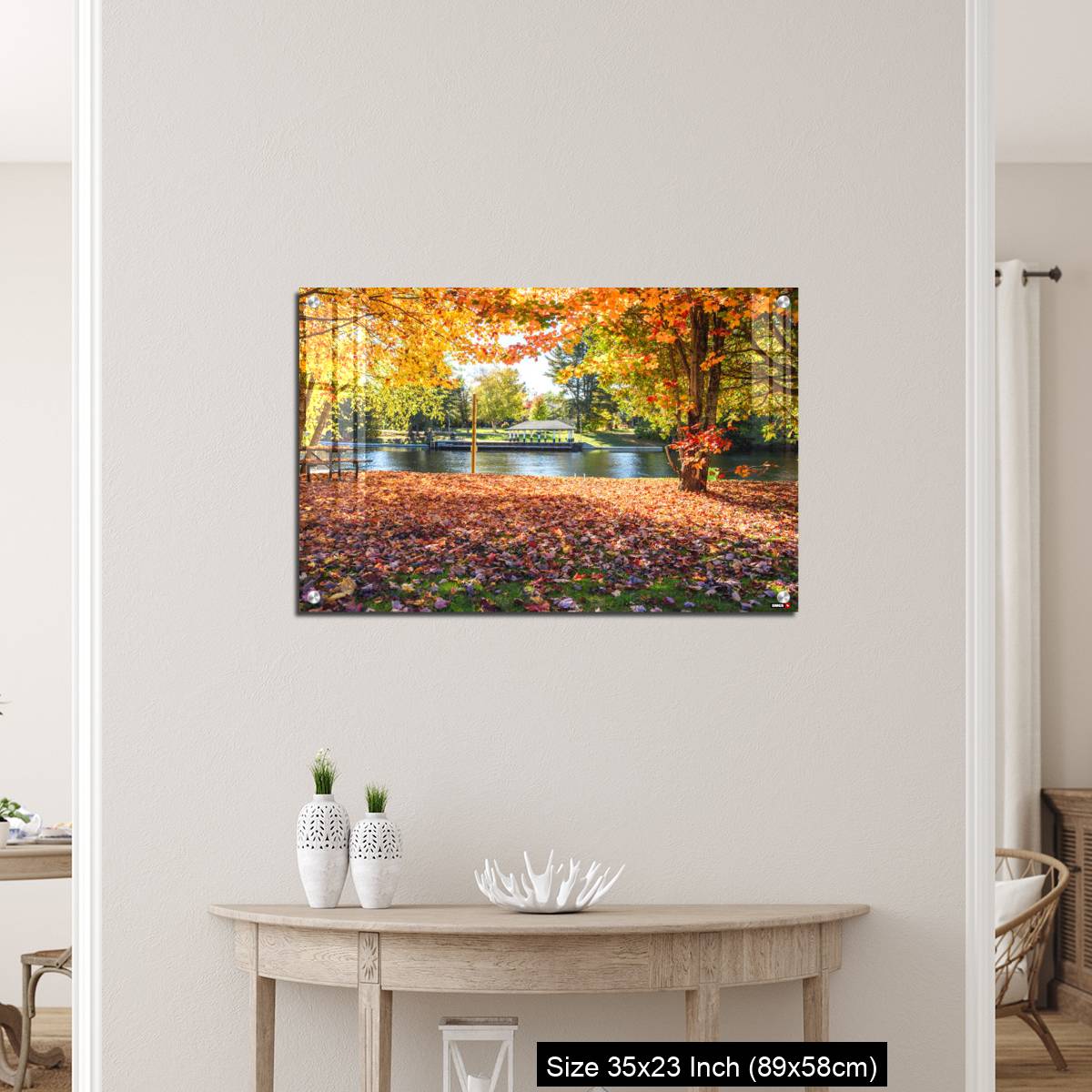 OMGs Acrylic Wall Decor – Deserted riverside park covered in fallen leaves on a sunny autumn day - Image 12