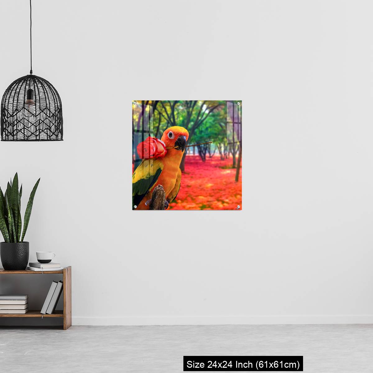 OMGs Acrylic Wall Decor – Cute Parrot Holding a Red Rose in a Colorful Forest - Image 13