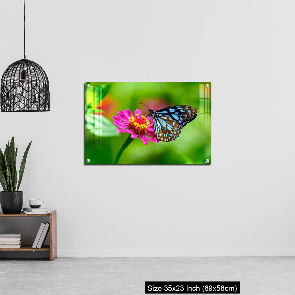 OMGs Acrylic Wall Decor – Blue tiger butterfly on a pink zinnia flower with green background - Image 13