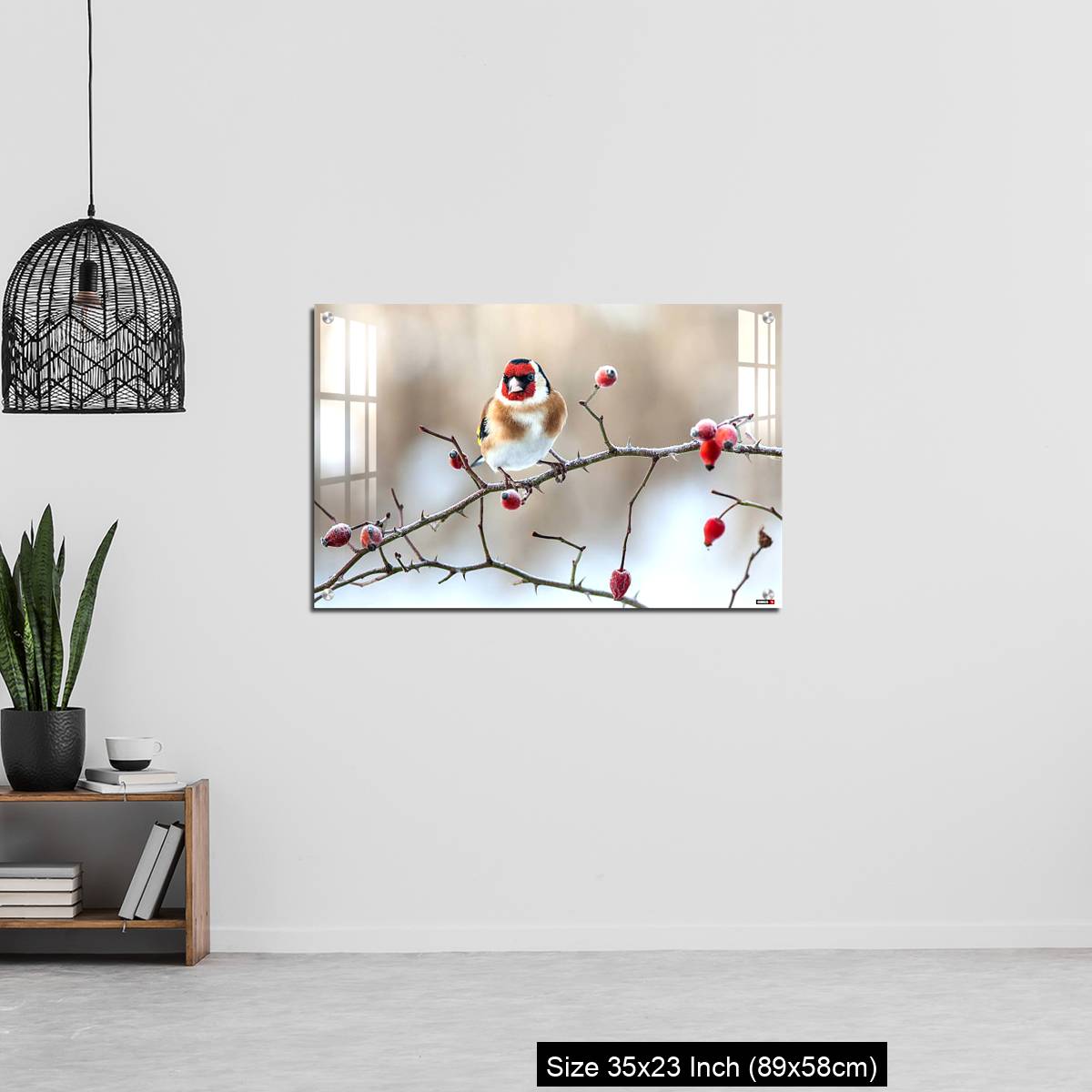 OMGs Acrylic Wall Decor – European Goldfinch with frozen red rose hips. - Image 13