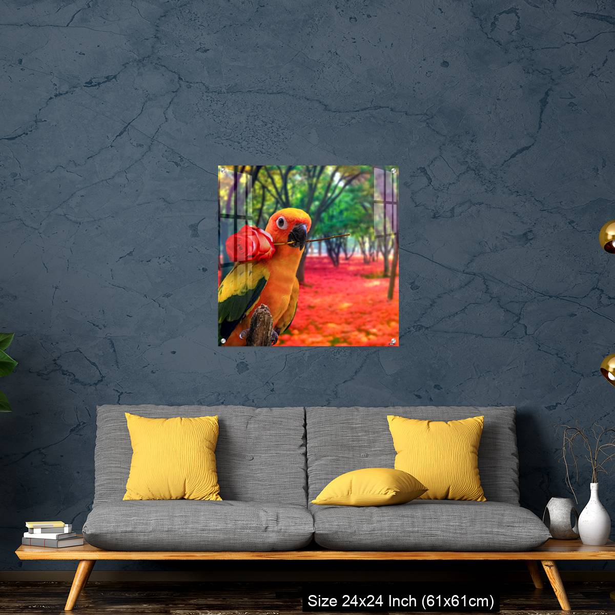 OMGs Acrylic Wall Decor – Cute Parrot Holding a Red Rose in a Colorful Forest - Image 14