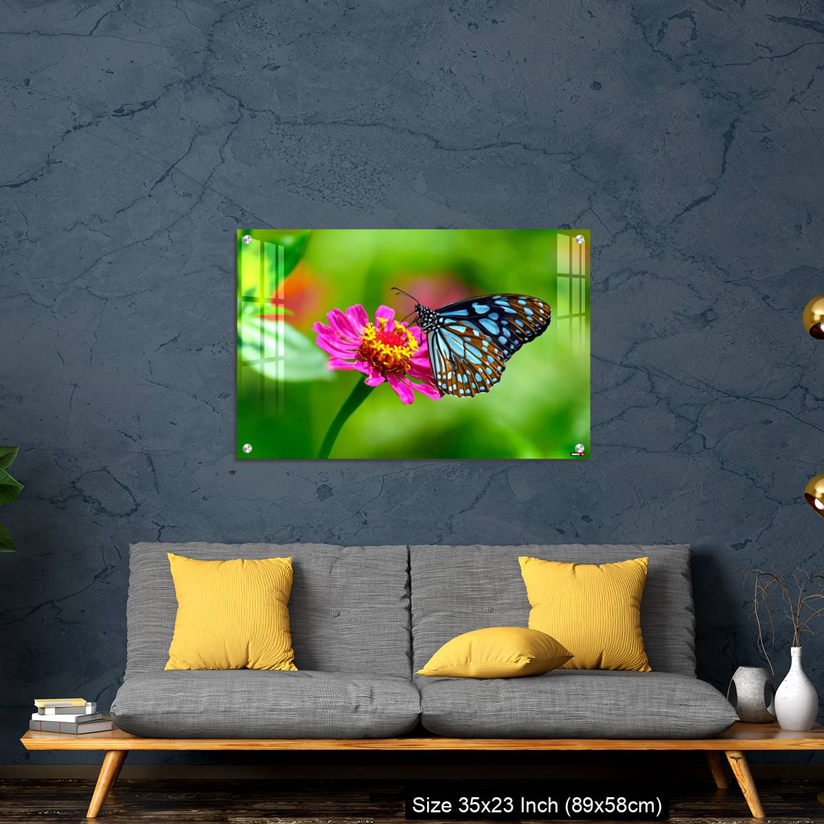 OMGs Acrylic Wall Decor – Blue tiger butterfly on a pink zinnia flower with green background - Image 14