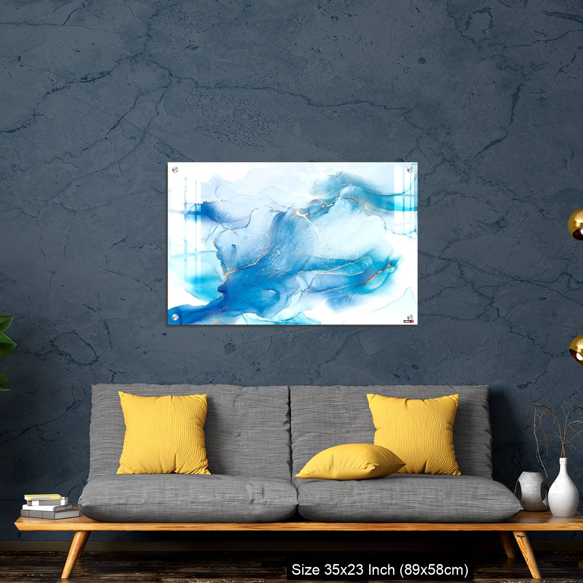 OMGs Acrylic Wall Decor – Cyan blue liquid watercolor background with golden stains - Image 14