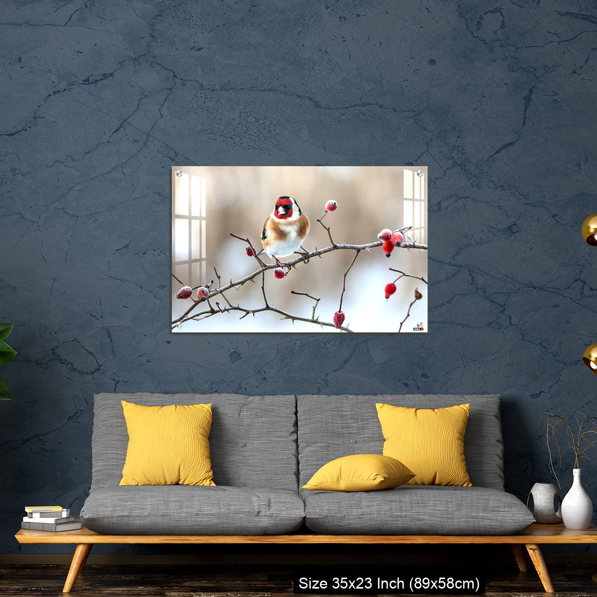 OMGs Acrylic Wall Decor – European Goldfinch with frozen red rose hips. - Image 14