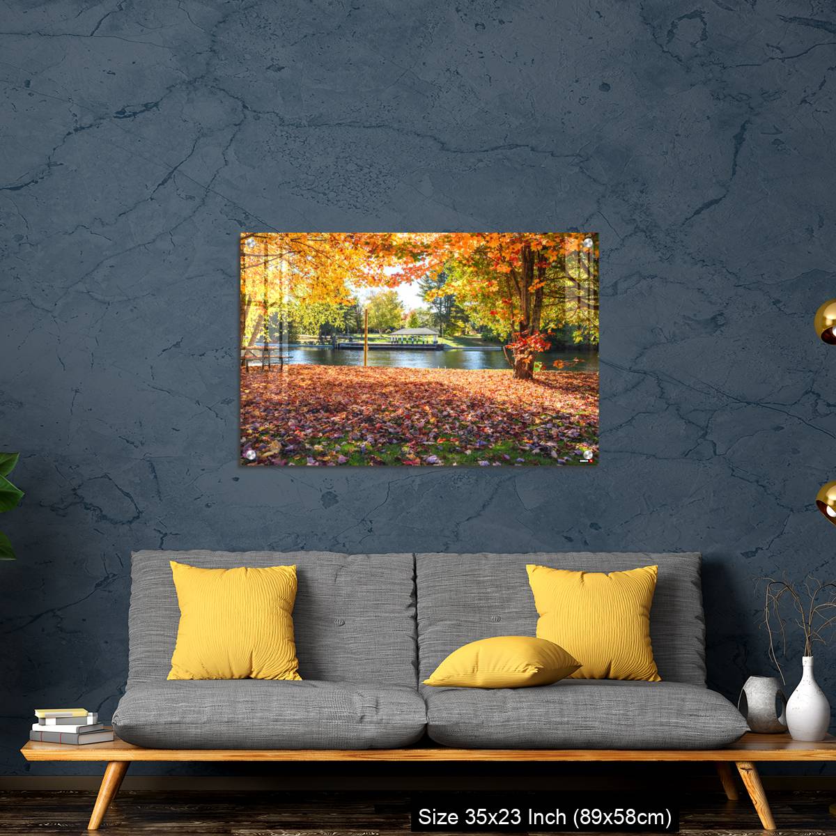 OMGs Acrylic Wall Decor – Deserted riverside park covered in fallen leaves on a sunny autumn day - Image 14