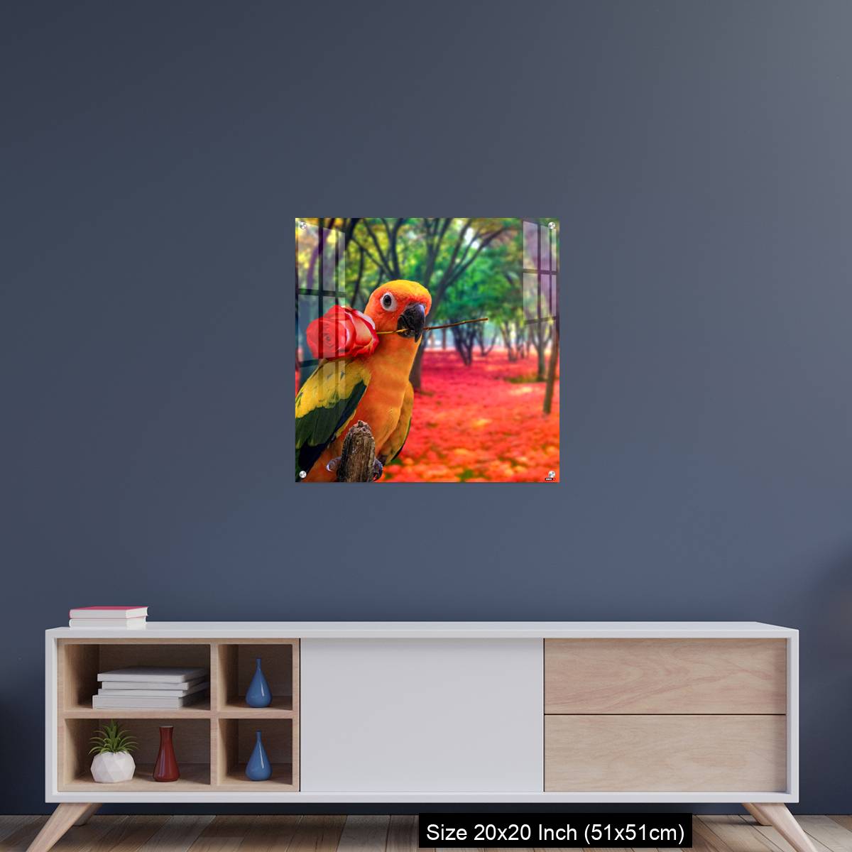 OMGs Acrylic Wall Decor – Cute Parrot Holding a Red Rose in a Colorful Forest - Image 15