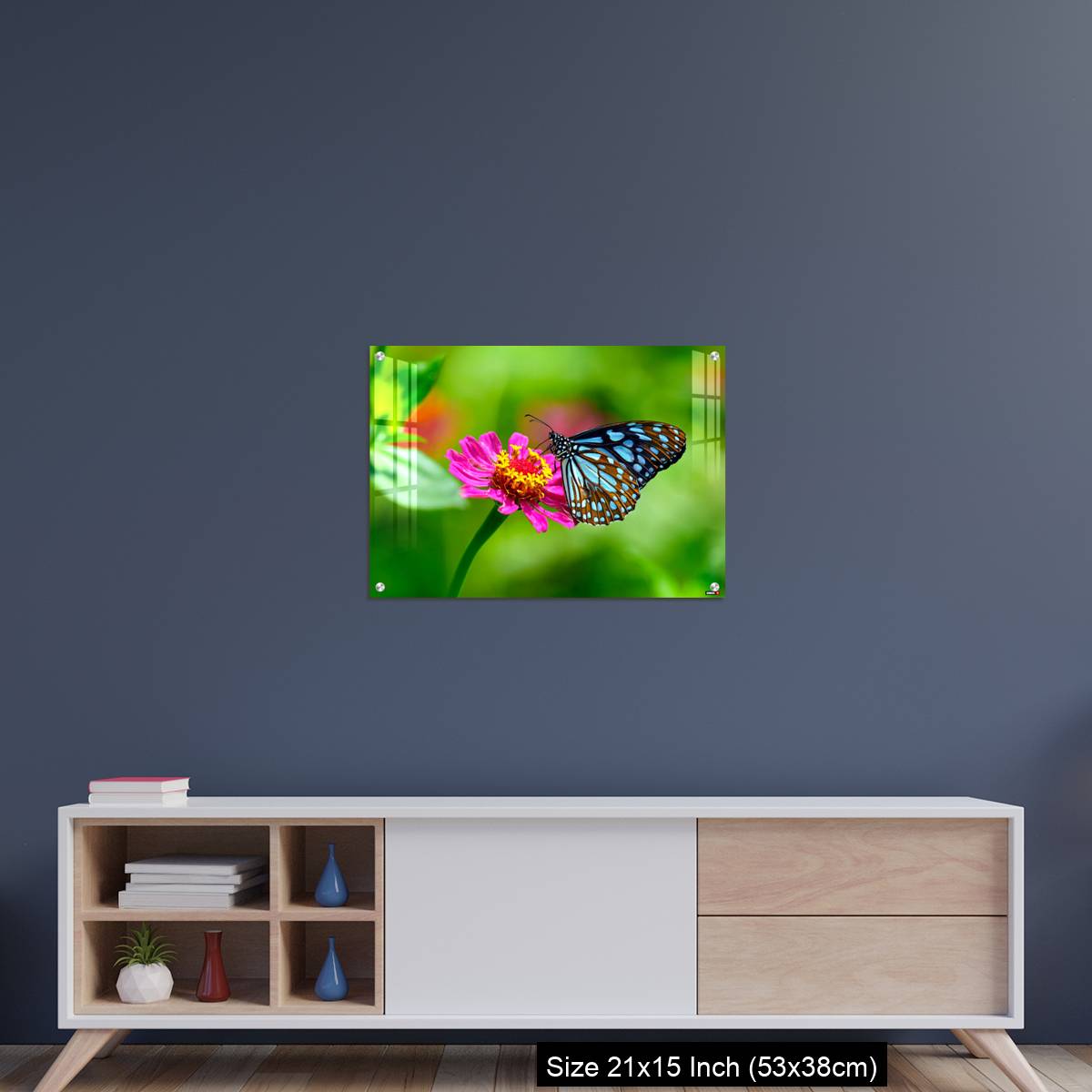 OMGs Acrylic Wall Decor – Blue tiger butterfly on a pink zinnia flower with green background - Image 15