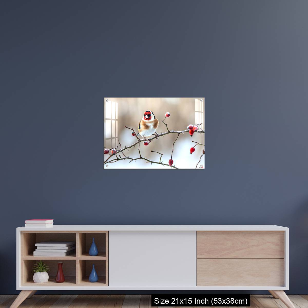 OMGs Acrylic Wall Decor – European Goldfinch with frozen red rose hips. - Image 15