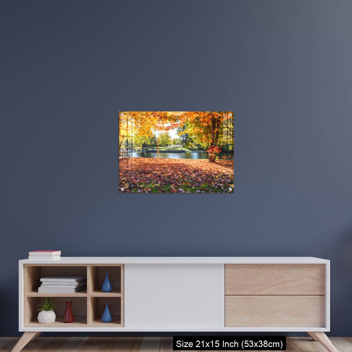 OMGs Acrylic Wall Decor – Deserted riverside park covered in fallen leaves on a sunny autumn day - Image 15