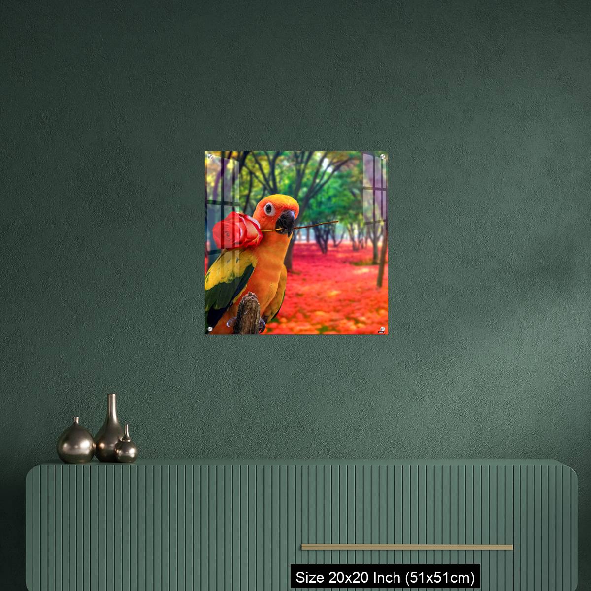 OMGs Acrylic Wall Decor – Cute Parrot Holding a Red Rose in a Colorful Forest - Image 16