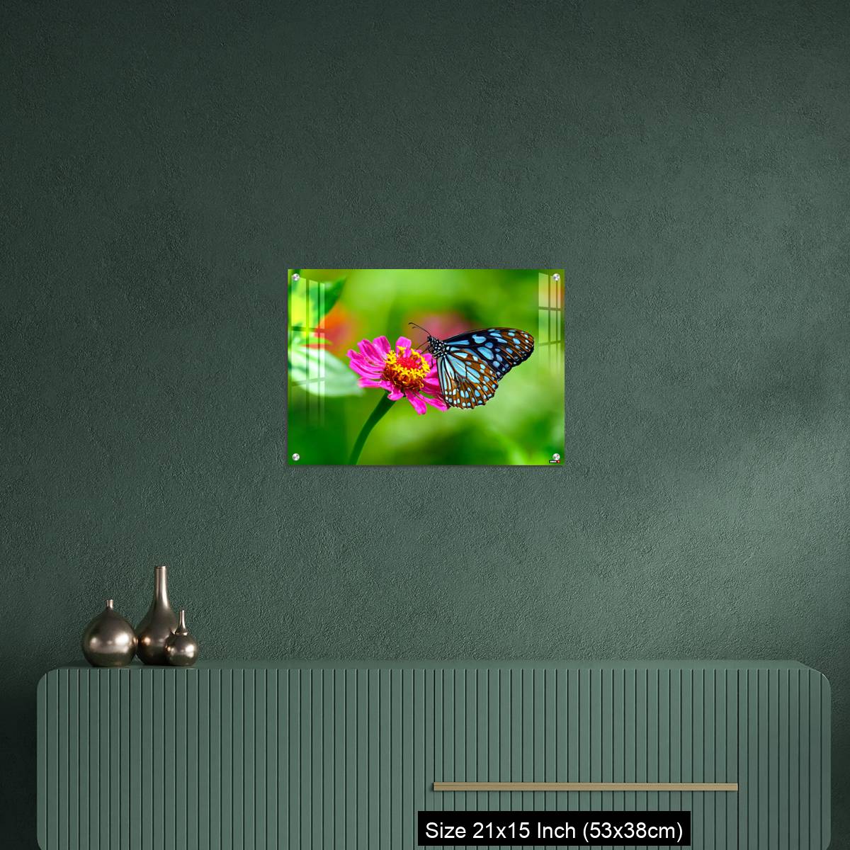 OMGs Acrylic Wall Decor – Blue tiger butterfly on a pink zinnia flower with green background - Image 16