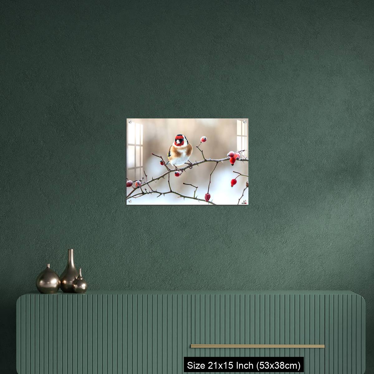OMGs Acrylic Wall Decor – European Goldfinch with frozen red rose hips. - Image 16