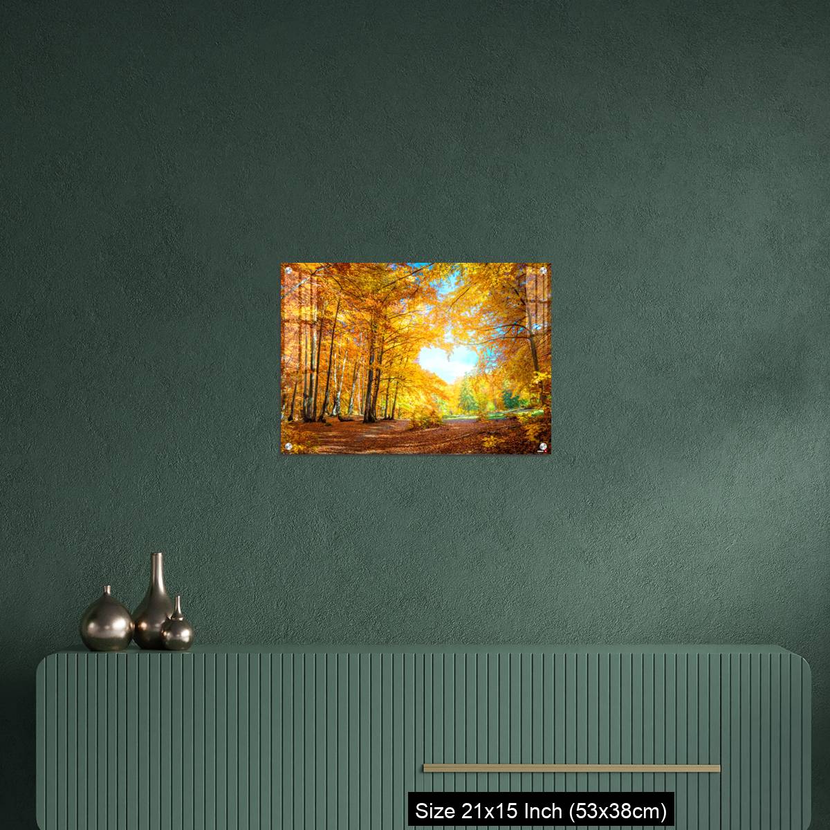OMGs Acrylic Wall Decor – Heart of autumn - yellow orange trees in forest with heart shape, sunny weather, good day - Image 16