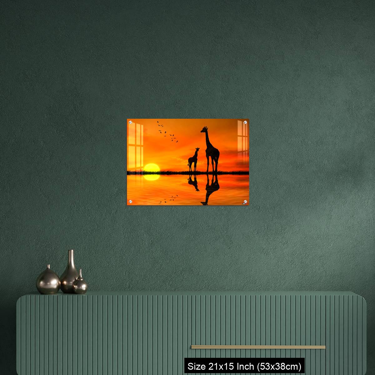 OMGs Acrylic Wall Decor – Silhouettes of two giraffes with reflection in lake water against African sunset - Image 16