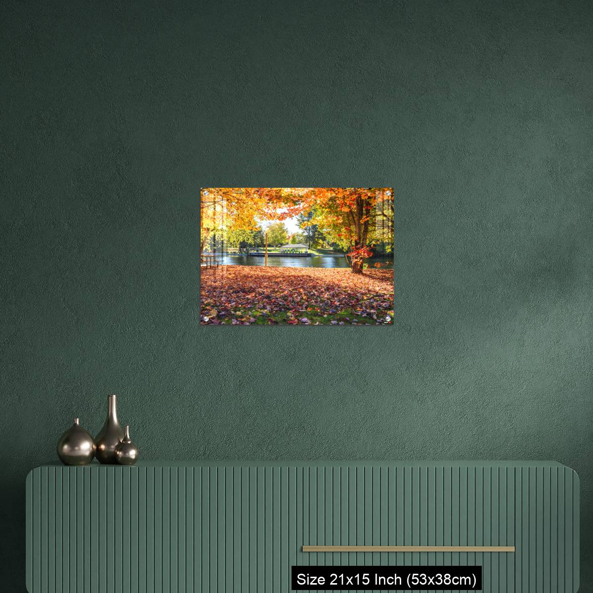 OMGs Acrylic Wall Decor – Deserted riverside park covered in fallen leaves on a sunny autumn day - Image 16