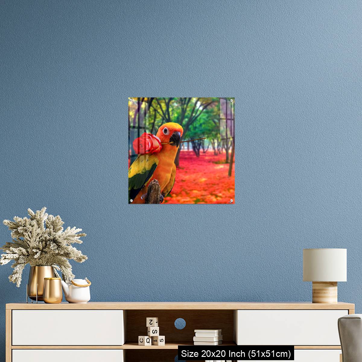 OMGs Acrylic Wall Decor – Cute Parrot Holding a Red Rose in a Colorful Forest - Image 17