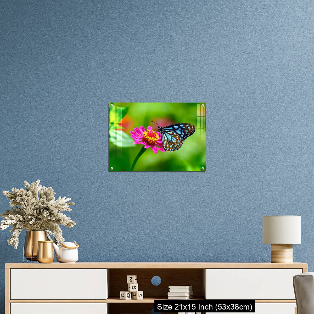 OMGs Acrylic Wall Decor – Blue tiger butterfly on a pink zinnia flower with green background - Image 17