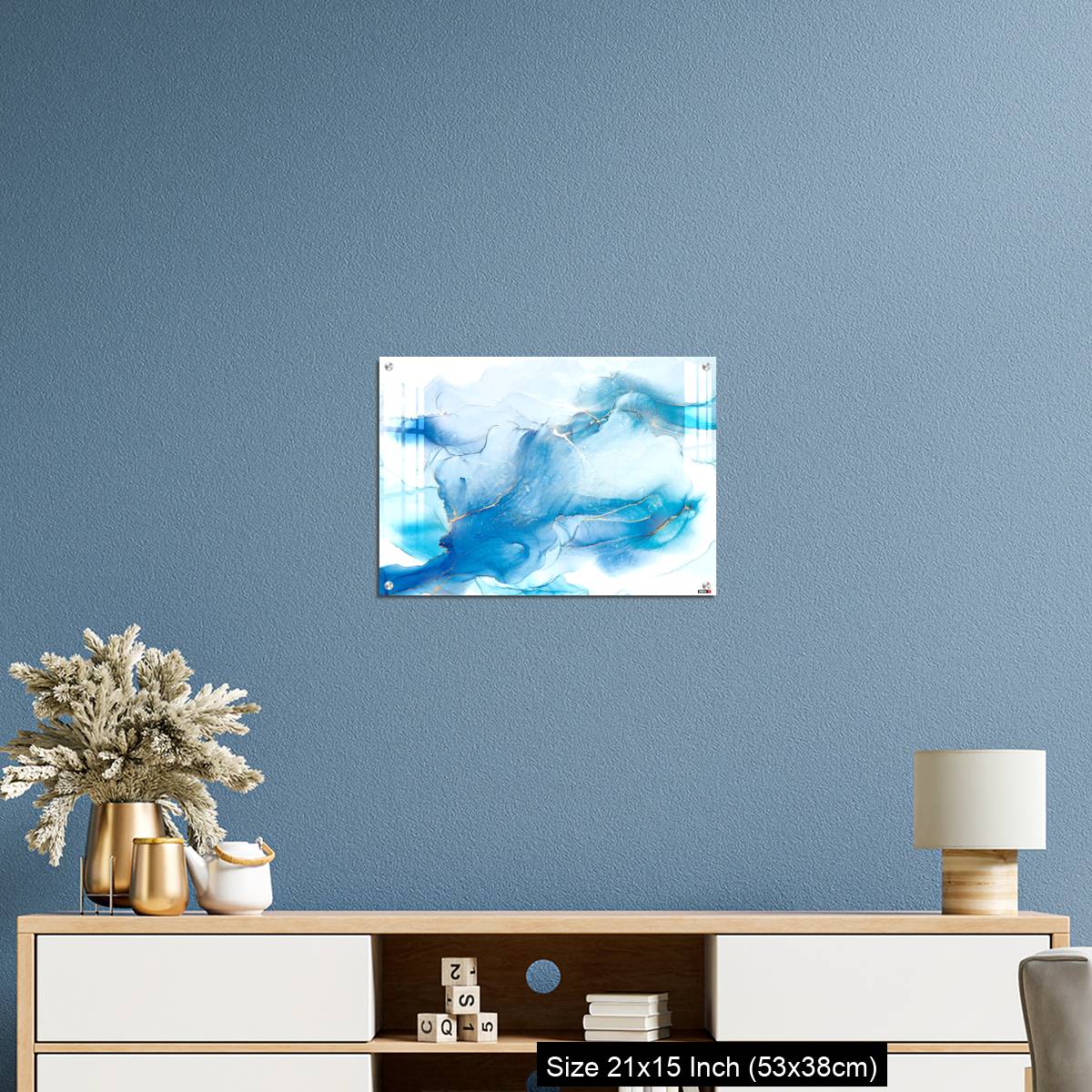 OMGs Acrylic Wall Decor – Cyan blue liquid watercolor background with golden stains - Image 17