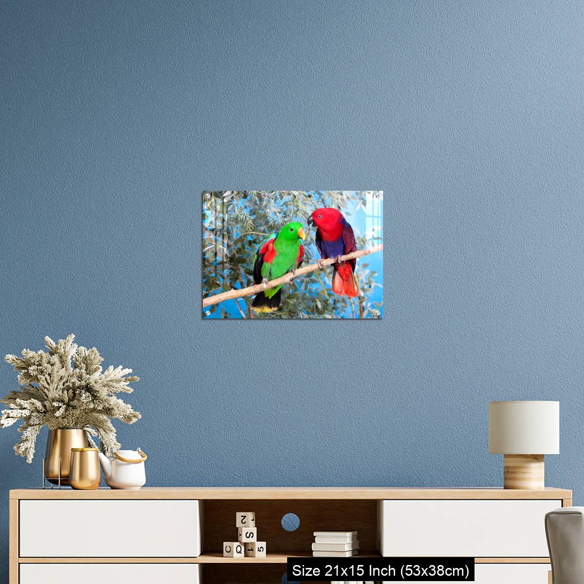 OMGs Acrylic Wall Decor – Eclectus Parrot, eclectus roratus, Pair standing on Branch, Male (green) and Female (Red) - Image 17