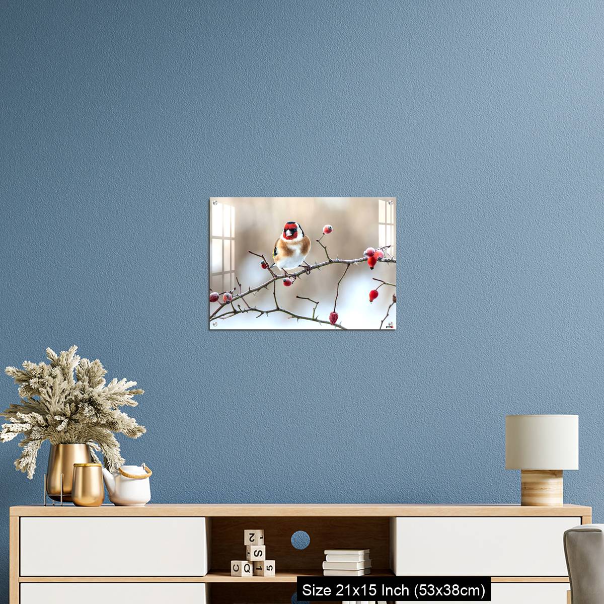 OMGs Acrylic Wall Decor – European Goldfinch with frozen red rose hips. - Image 17