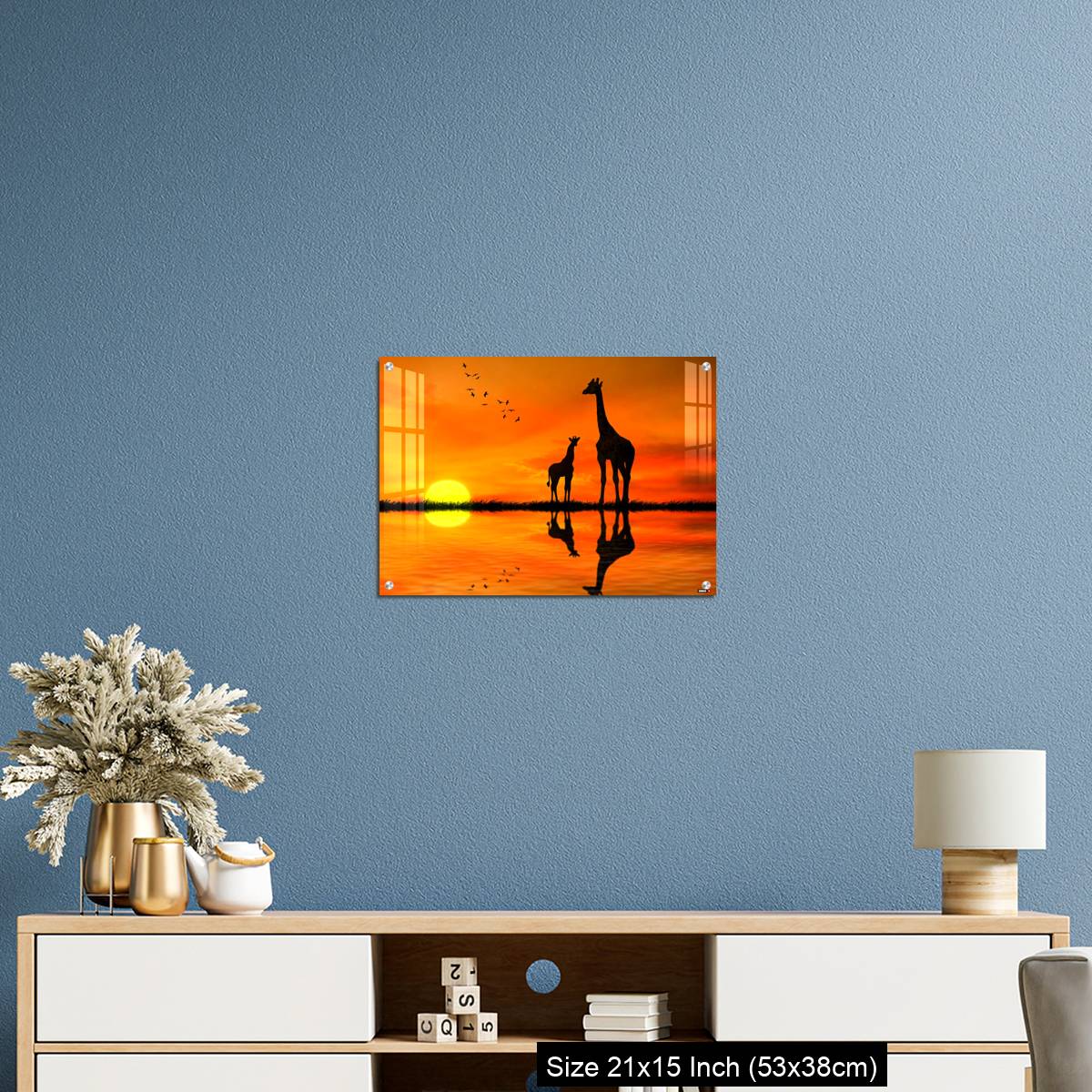 OMGs Acrylic Wall Decor – Silhouettes of two giraffes with reflection in lake water against African sunset - Image 17