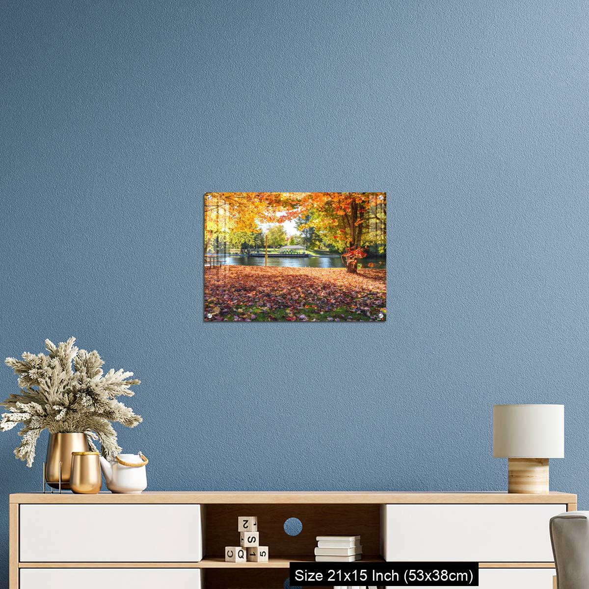 OMGs Acrylic Wall Decor – Deserted riverside park covered in fallen leaves on a sunny autumn day - Image 17