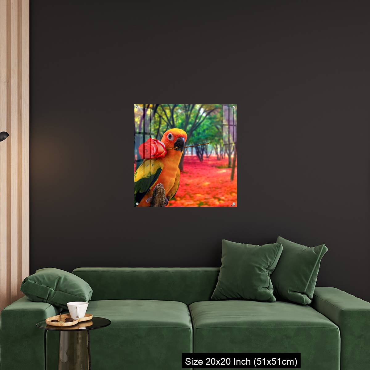 OMGs Acrylic Wall Decor – Cute Parrot Holding a Red Rose in a Colorful Forest - Image 18