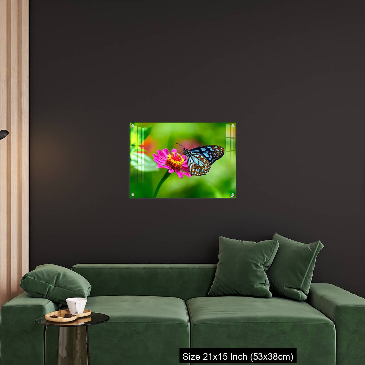 OMGs Acrylic Wall Decor – Blue tiger butterfly on a pink zinnia flower with green background - Image 18