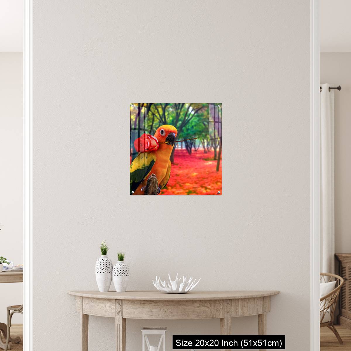 OMGs Acrylic Wall Decor – Cute Parrot Holding a Red Rose in a Colorful Forest - Image 19