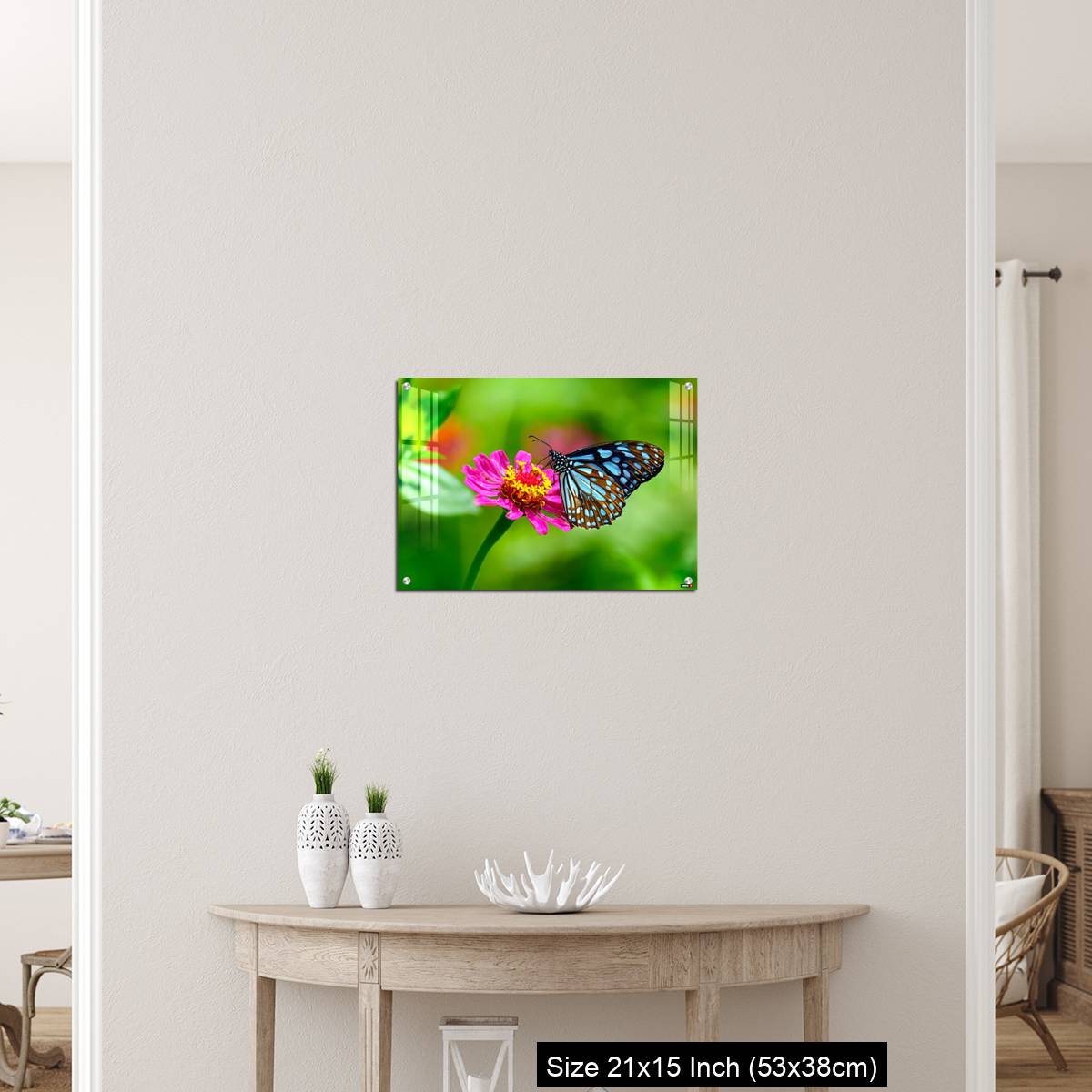 OMGs Acrylic Wall Decor – Blue tiger butterfly on a pink zinnia flower with green background - Image 19