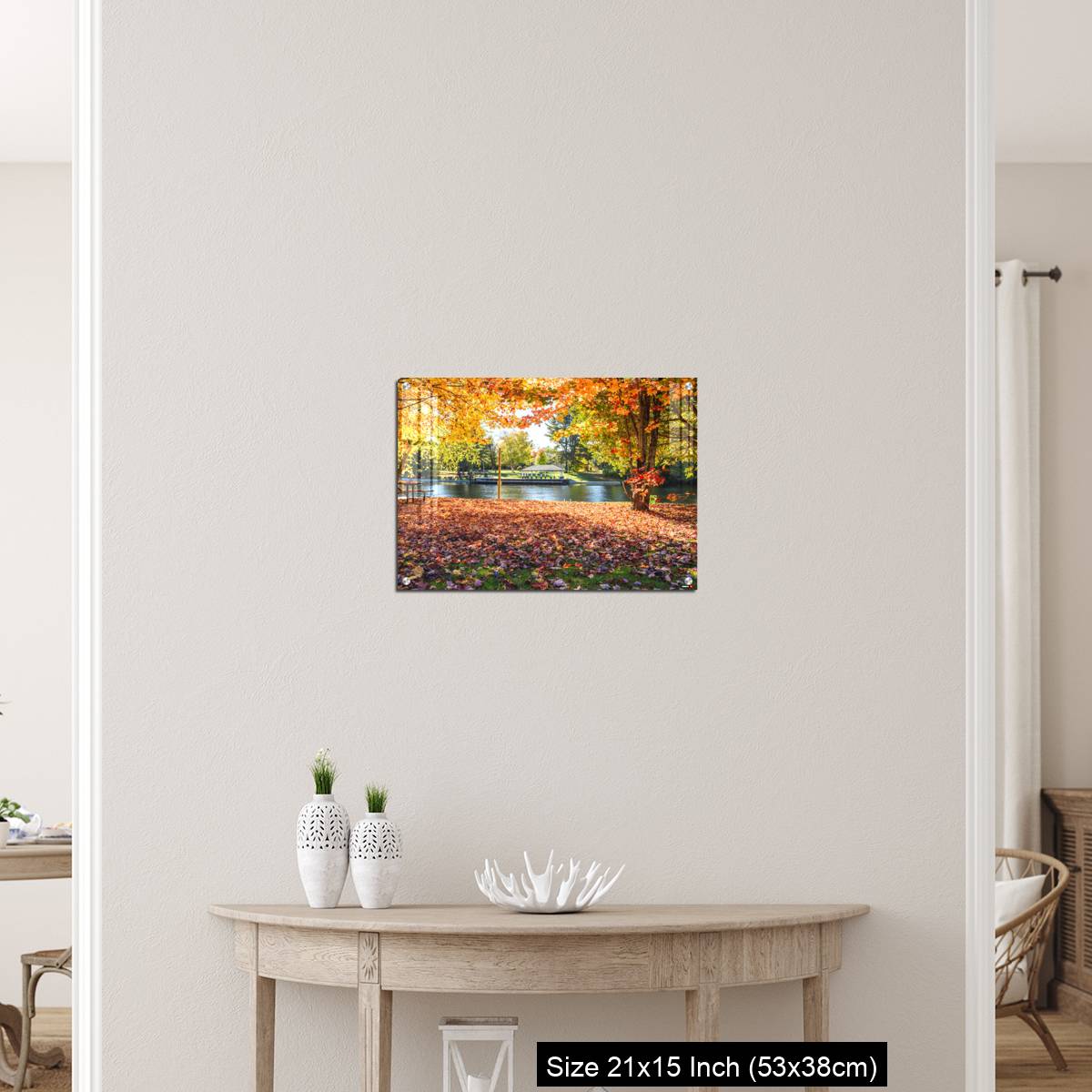 OMGs Acrylic Wall Decor – Deserted riverside park covered in fallen leaves on a sunny autumn day - Image 19