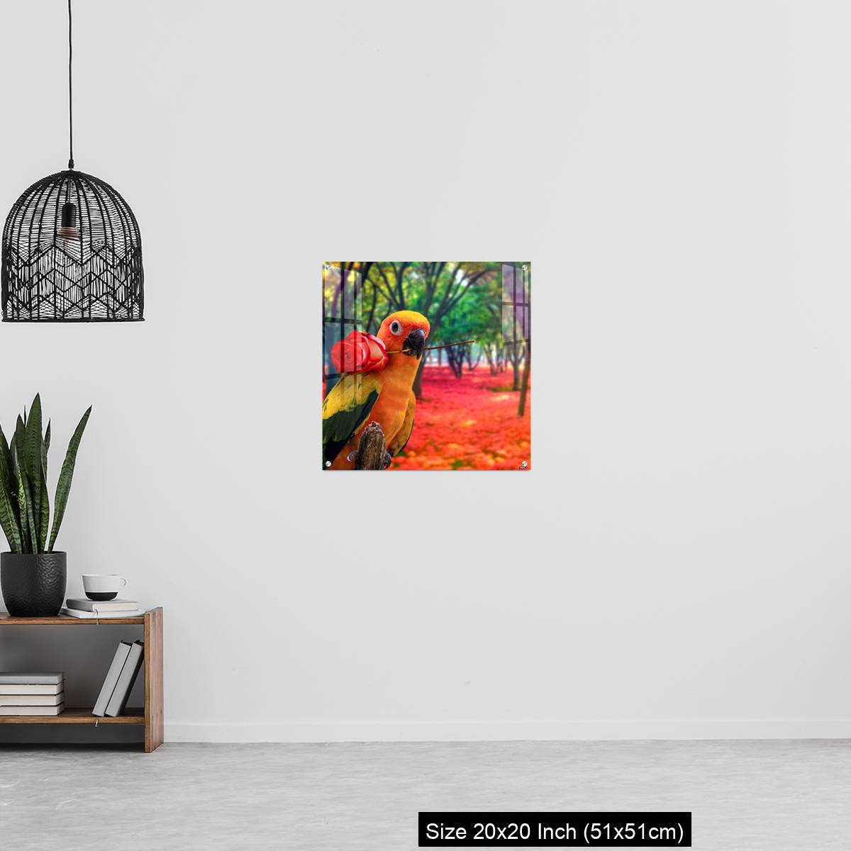 OMGs Acrylic Wall Decor – Cute Parrot Holding a Red Rose in a Colorful Forest - Image 20