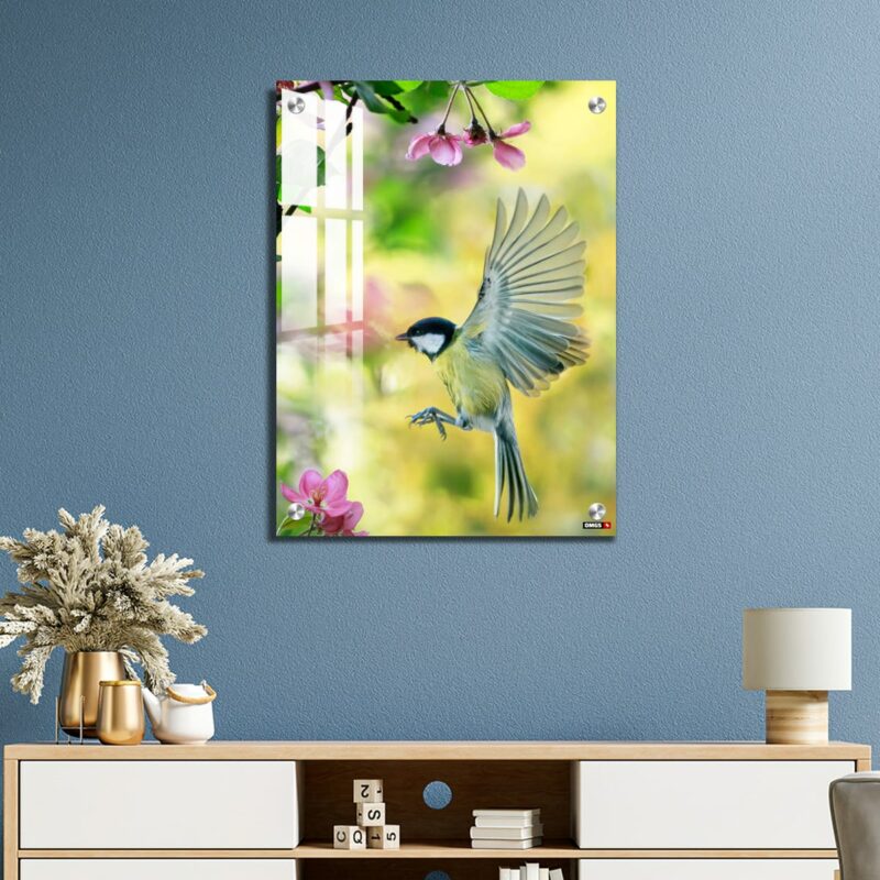 OMGs Acrylic Wall Decor - Bird Tit Flutters in a Sunny Spring Garden Among Pink Apple Blossoms