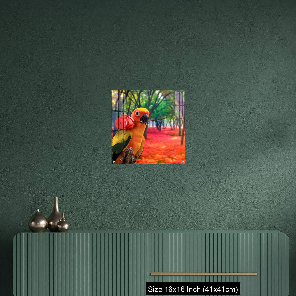 OMGs Acrylic Wall Decor – Cute Parrot Holding a Red Rose in a Colorful Forest - Image 23