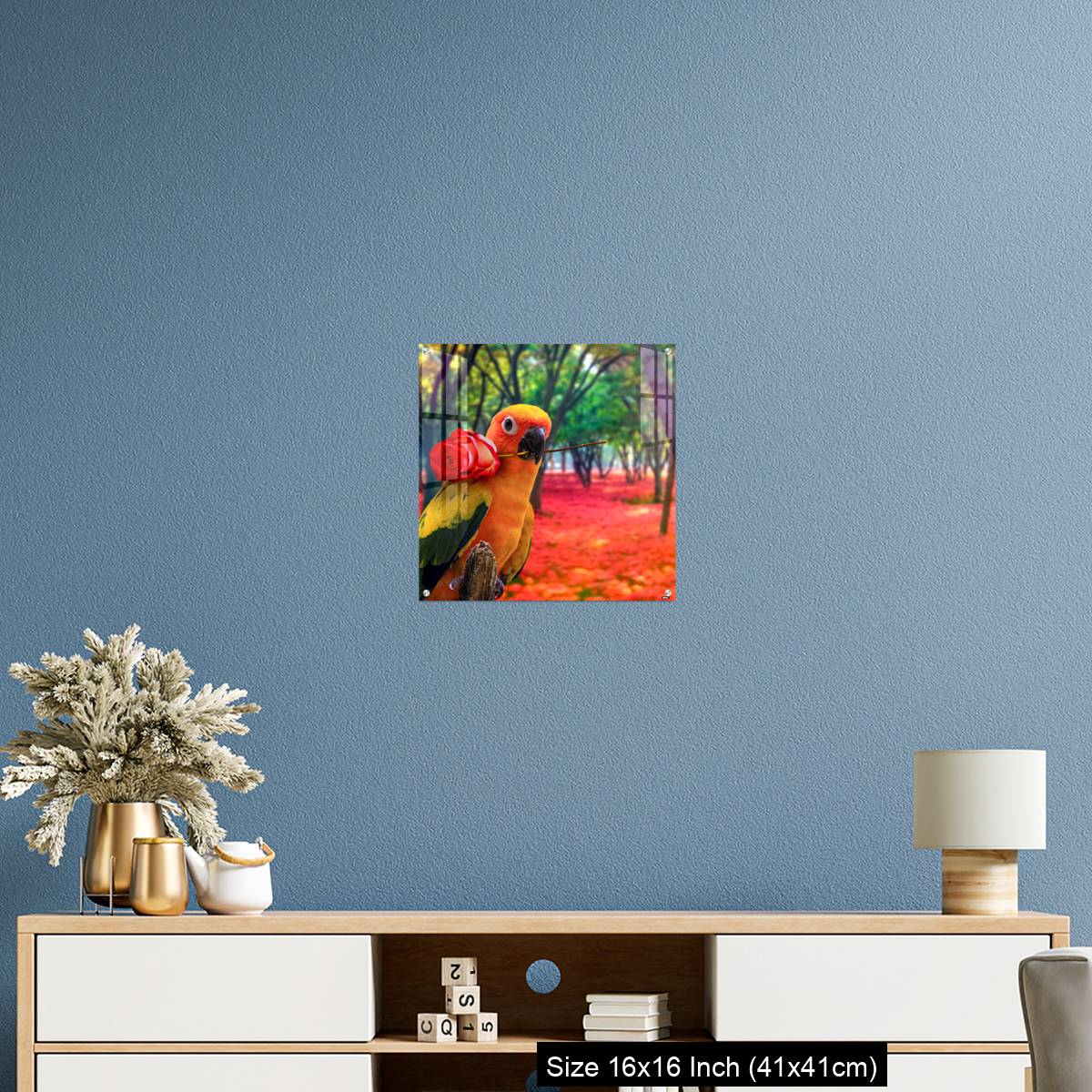 OMGs Acrylic Wall Decor – Cute Parrot Holding a Red Rose in a Colorful Forest - Image 24