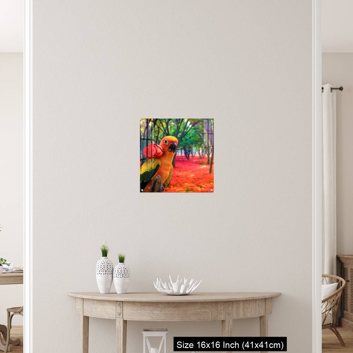 OMGs Acrylic Wall Decor – Cute Parrot Holding a Red Rose in a Colorful Forest - Image 26