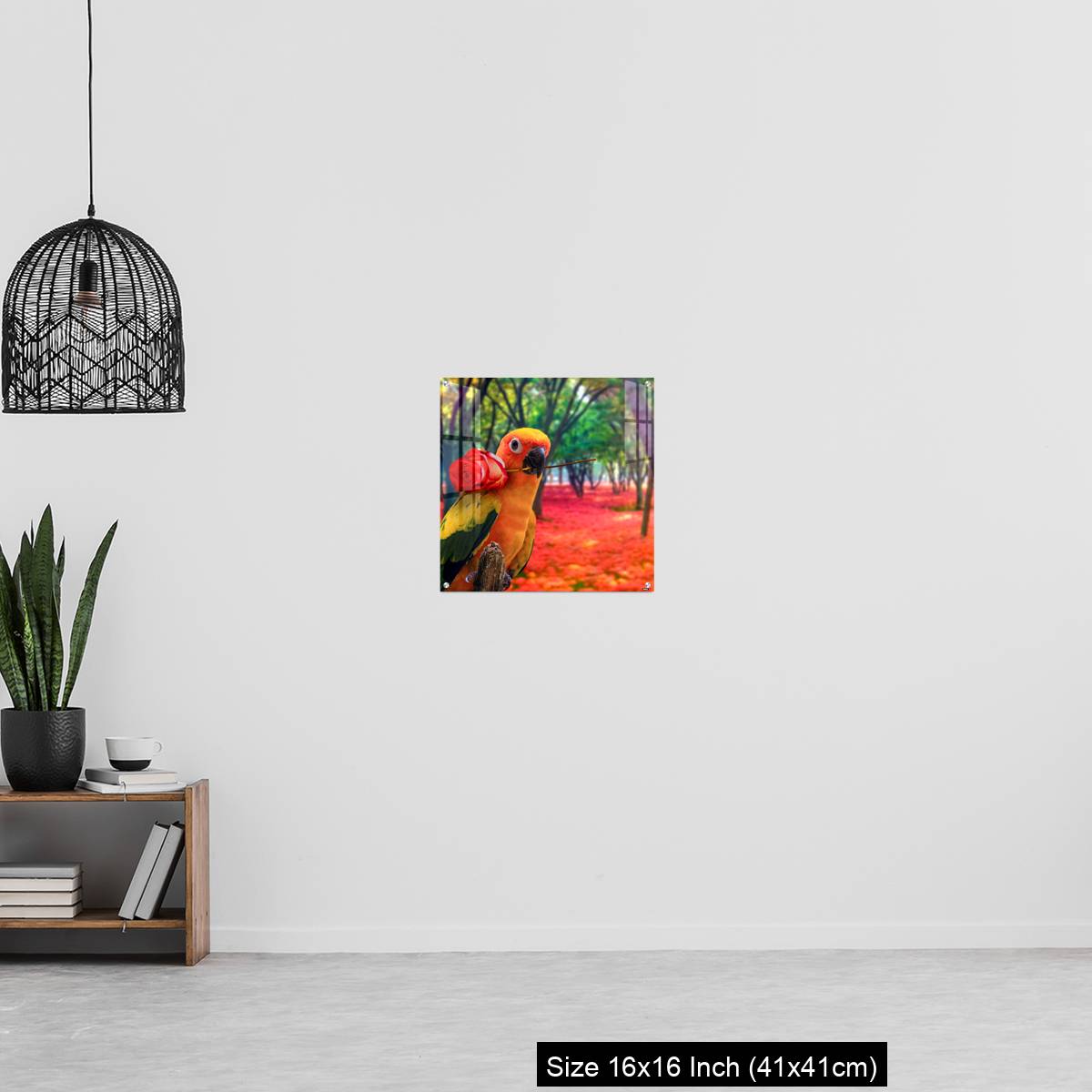 OMGs Acrylic Wall Decor – Cute Parrot Holding a Red Rose in a Colorful Forest - Image 27