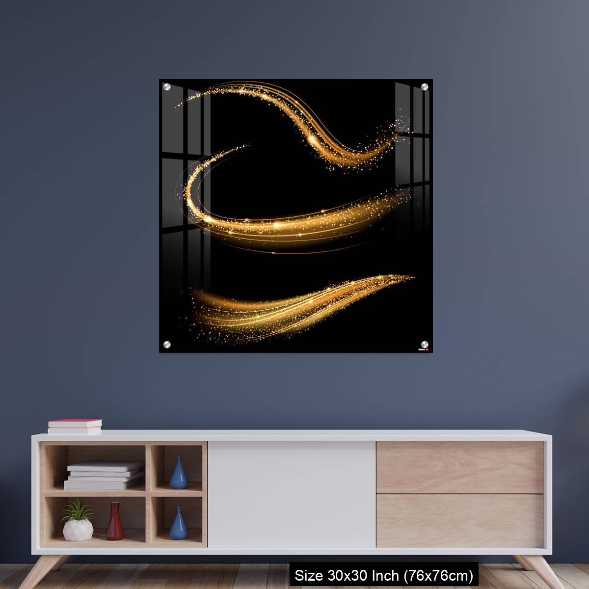 OMGs Acrylic Wall Decor – Golden shimmering waves with light effect isolated on black background.