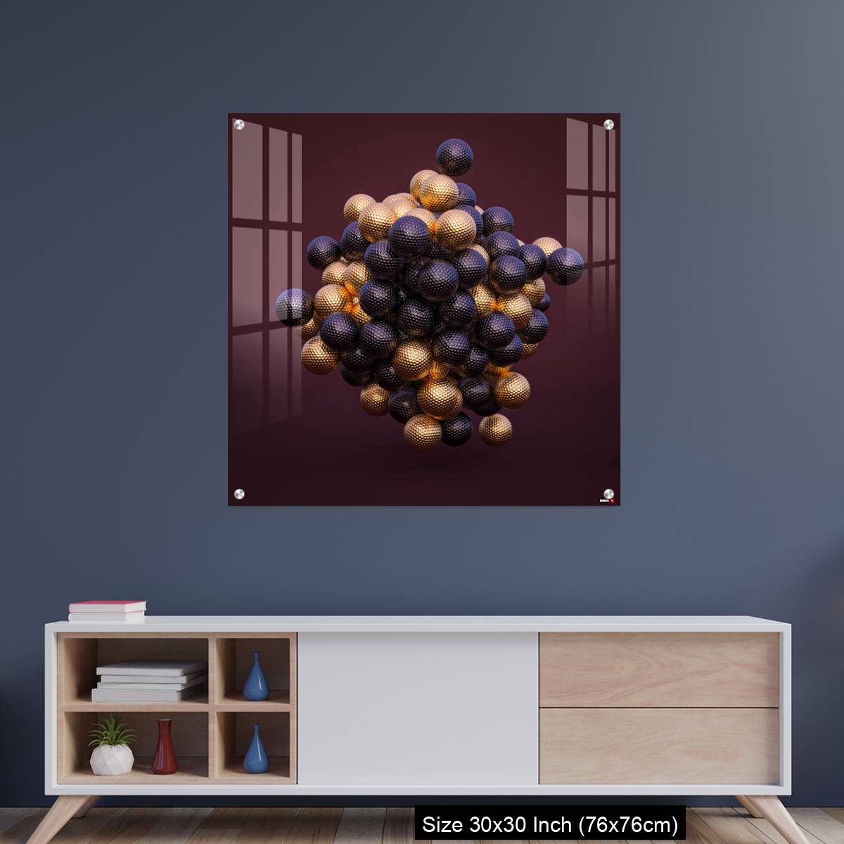 OMGs Acrylic Wall Decor – purple and gold golf balls on an amaranth background.