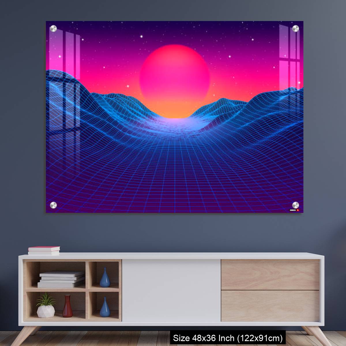 OMGs Acrylic Wall Decor – 80s synthwave styled landscape with blue grid mountains and sun over canyon